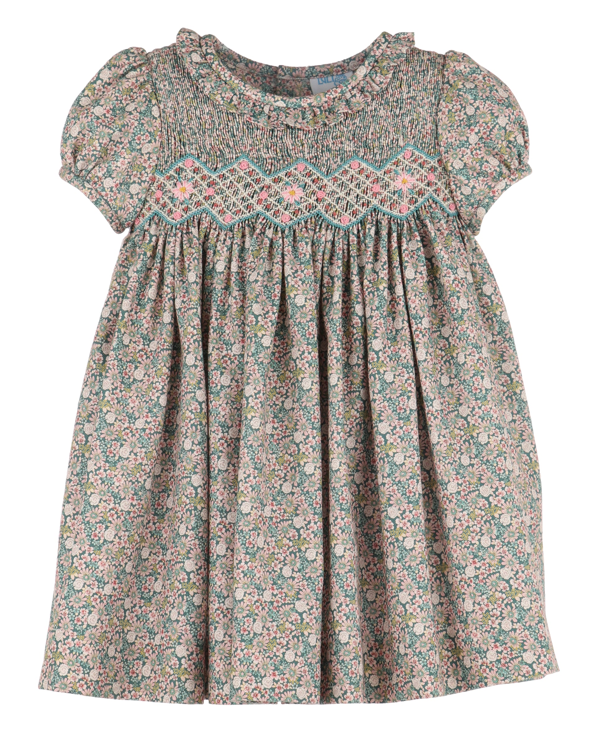 Luli & Me Girls Teal Forest Floral Smocked Dress - Ruffle Collar