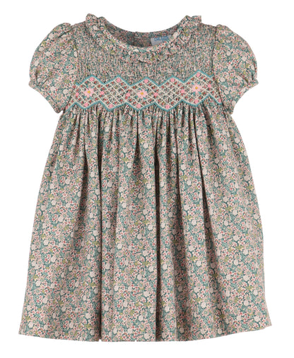 Luli & Me Girls Teal Forest Floral Smocked Dress - Ruffle Collar
