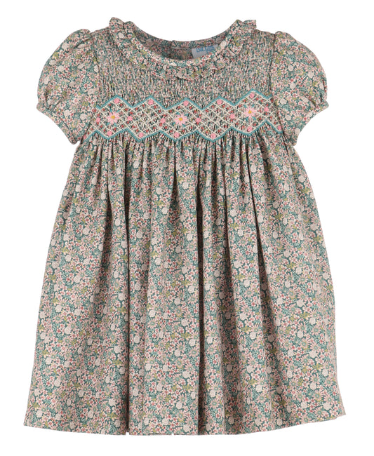 Luli & Me Girls Teal Forest Floral Smocked Dress - Ruffle Collar