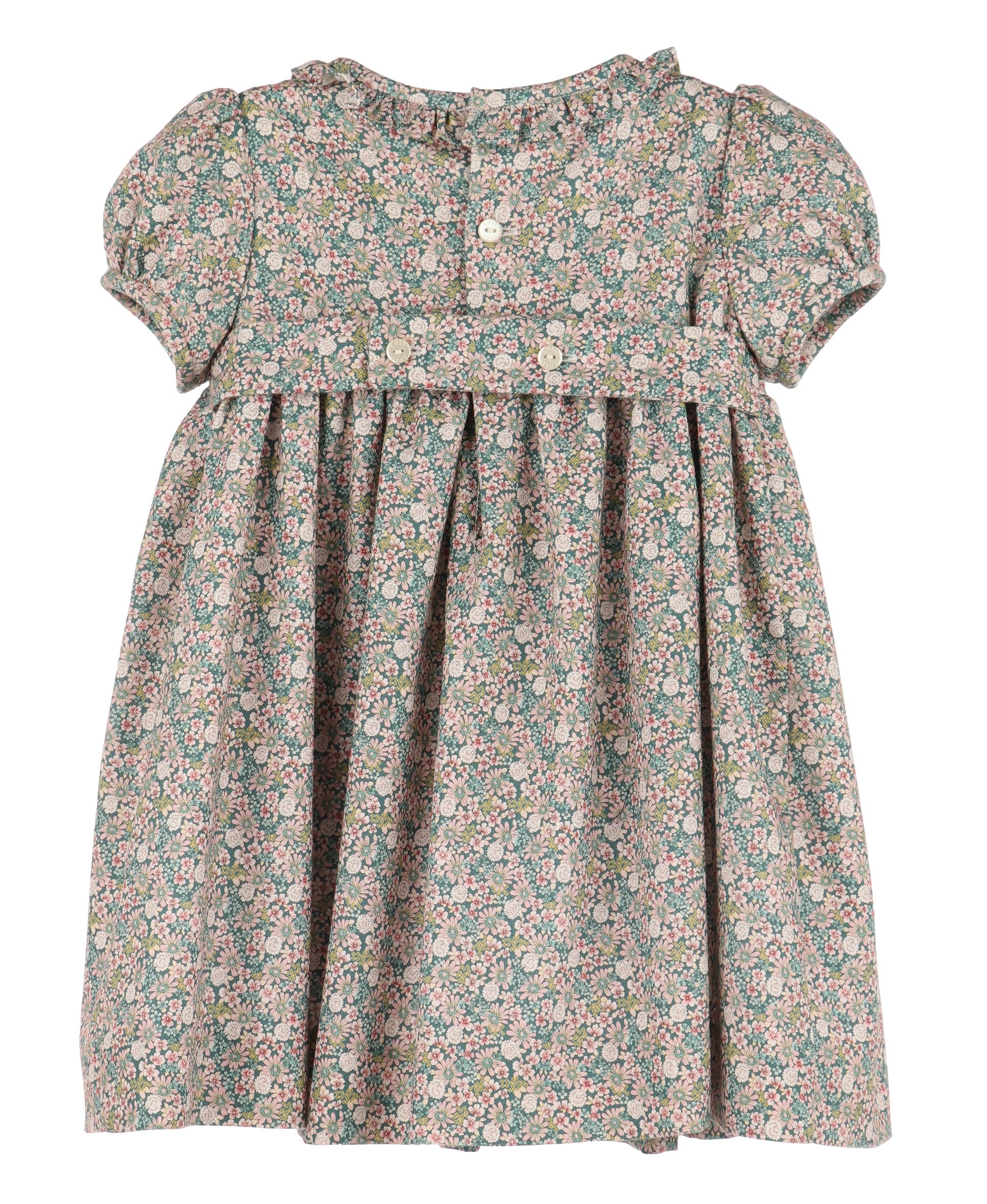 Luli & Me Girls Teal Forest Floral Smocked Dress - Ruffle Collar