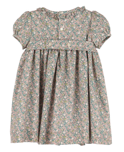 Luli & Me Girls Teal Forest Floral Smocked Dress - Ruffle Collar