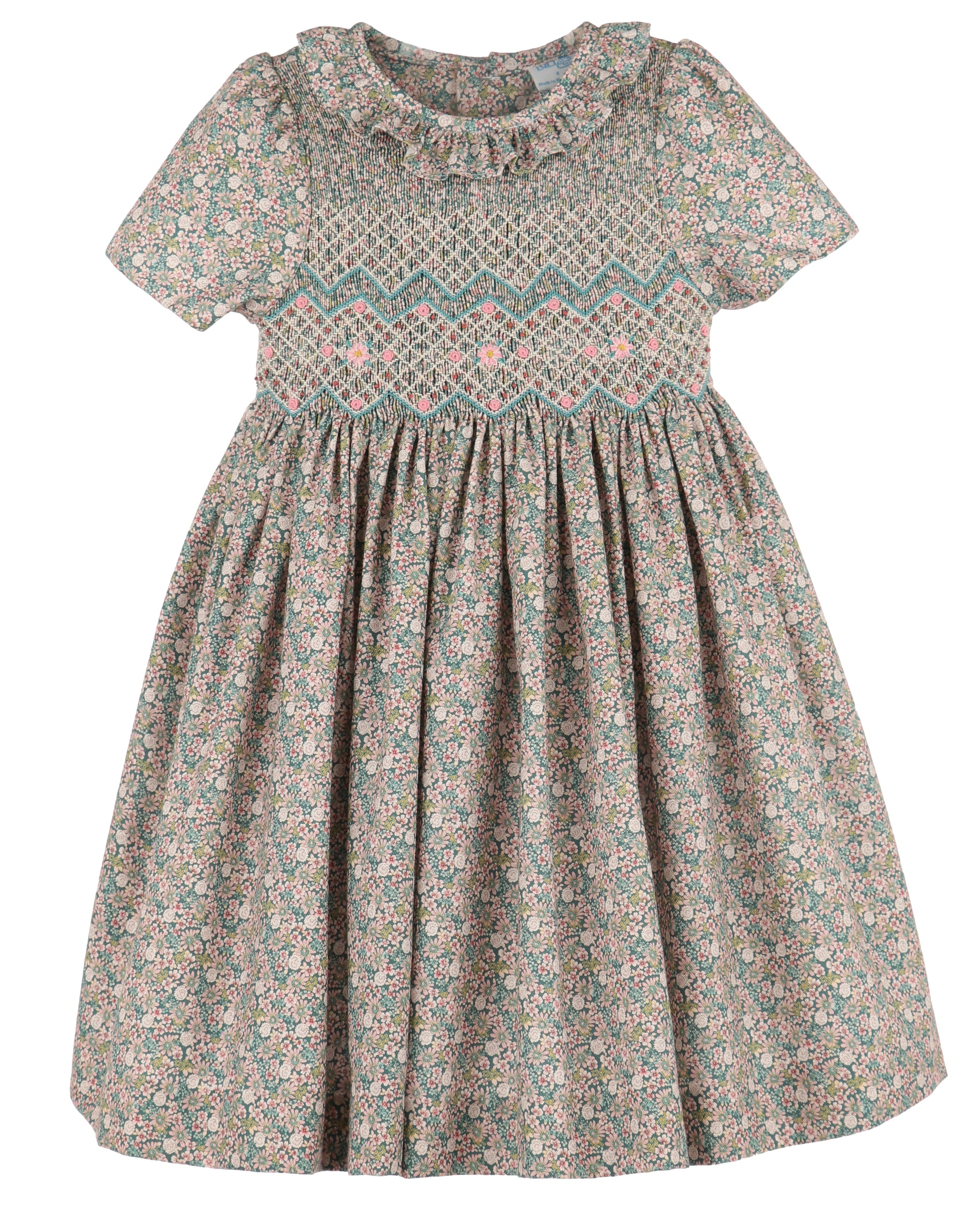 Luli & Me Girls Teal Forest Floral Dress - Fully Smocked Bodice - Ruffle Collar