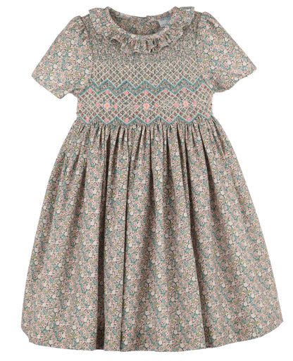 Luli & Me Girls Teal Forest Floral Dress - Fully Smocked Bodice - Ruffle Collar