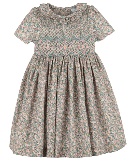Luli & Me Girls Teal Forest Floral Dress - Fully Smocked Bodice - Ruffle Collar