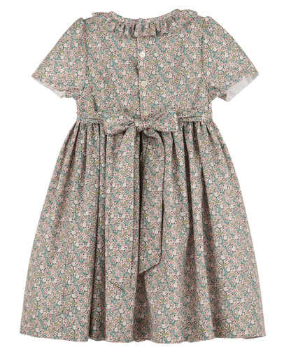 Luli & Me Girls Teal Forest Floral Dress - Fully Smocked Bodice - Ruffle Collar