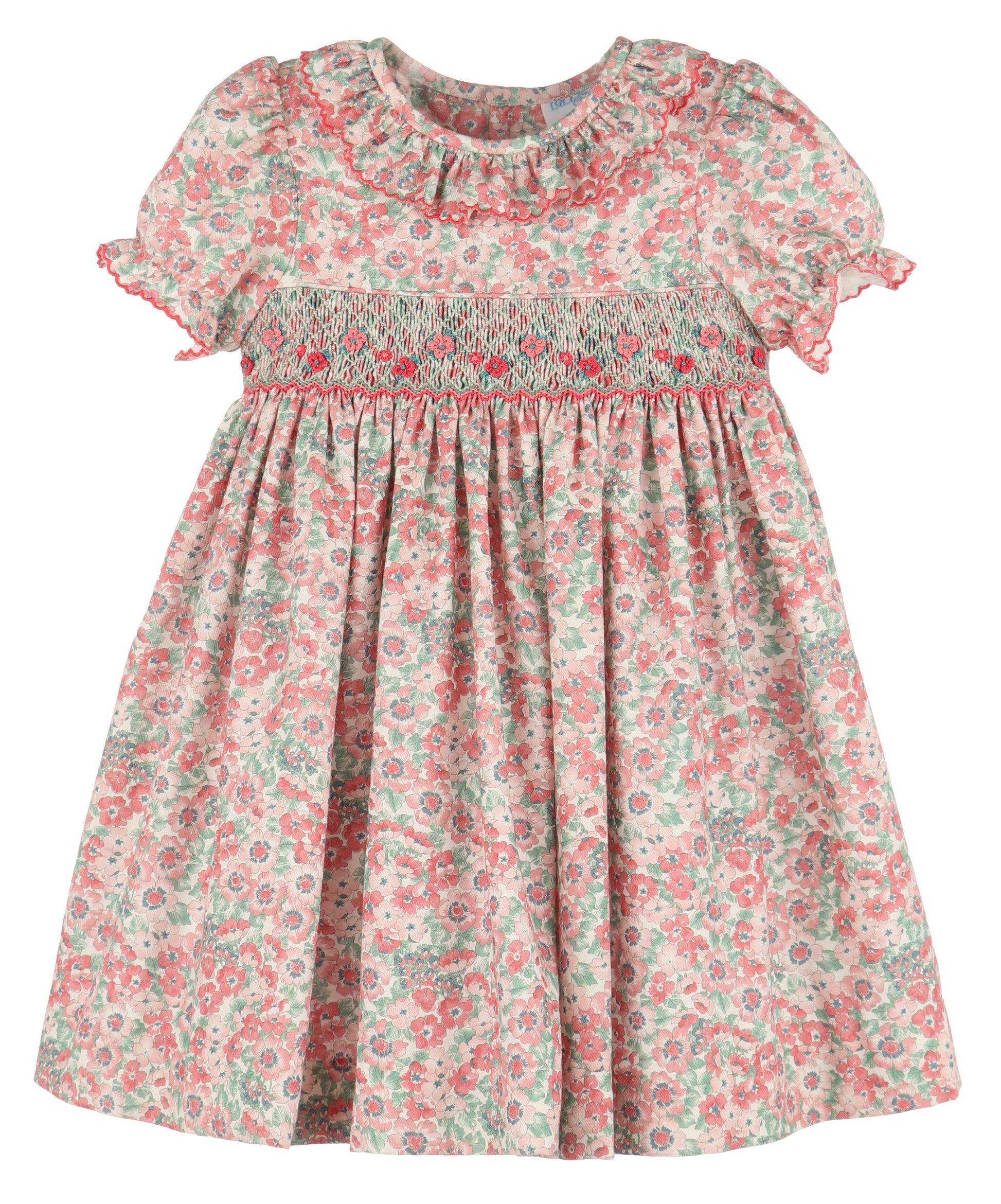 Luli & Me Girls Blush Pink Floral Smocked Dress - Ruffle Collar