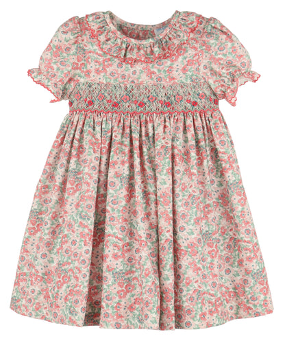 Luli & Me Girls Blush Pink Floral Smocked Dress - Ruffle Collar