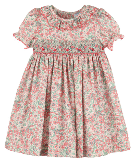 Luli & Me Girls Blush Pink Floral Smocked Dress - Ruffle Collar