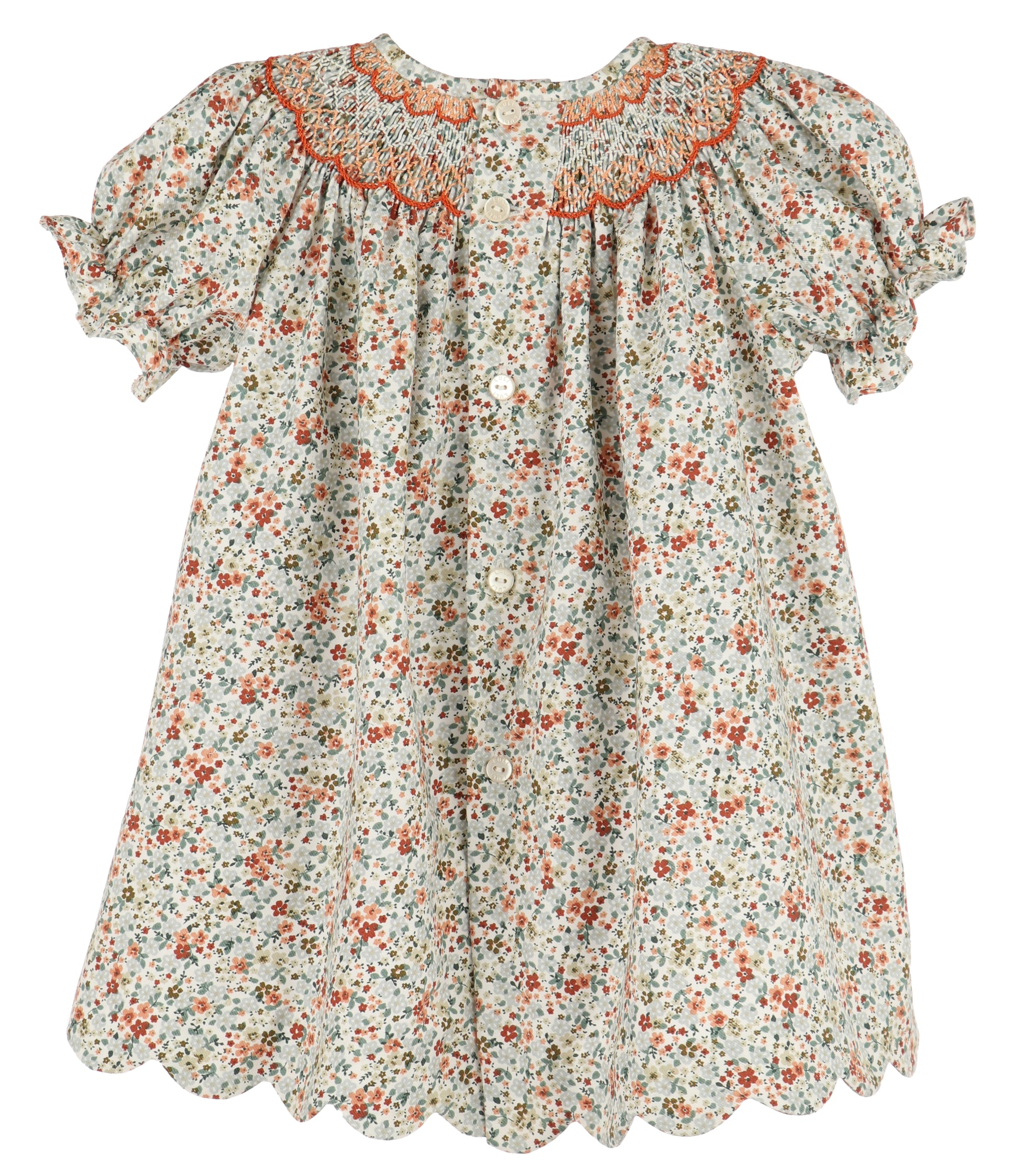Luli & Me Girls Green & Orange Autumn Glow Floral Smocked Dress - Scallop Hem 6M Luli & Me Girls Green & Orange Autumn Glow Floral Smocked Dress - Scallop Hem 6M