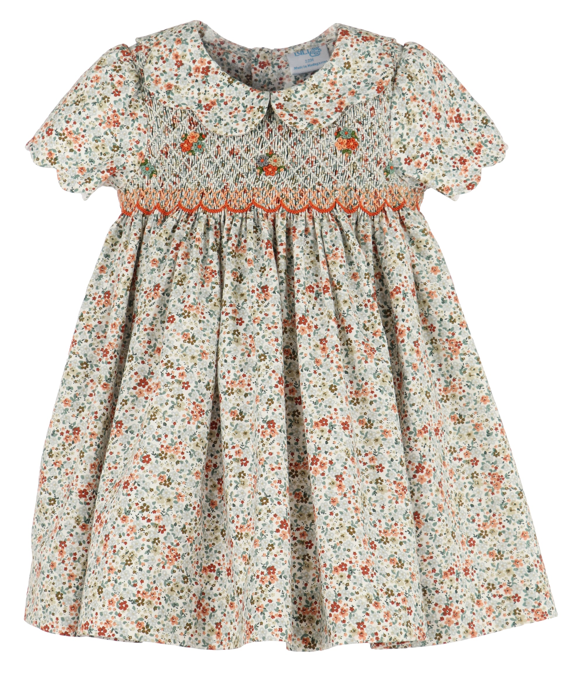 Luli & Me Girls Green / Orange Autumn Glow Floral Smocked Dress - Scal Best Dressed Child Luli & Me Girls Green / Orange Autumn Glow Floral Smocked Dress - Scal Best Dressed Child
