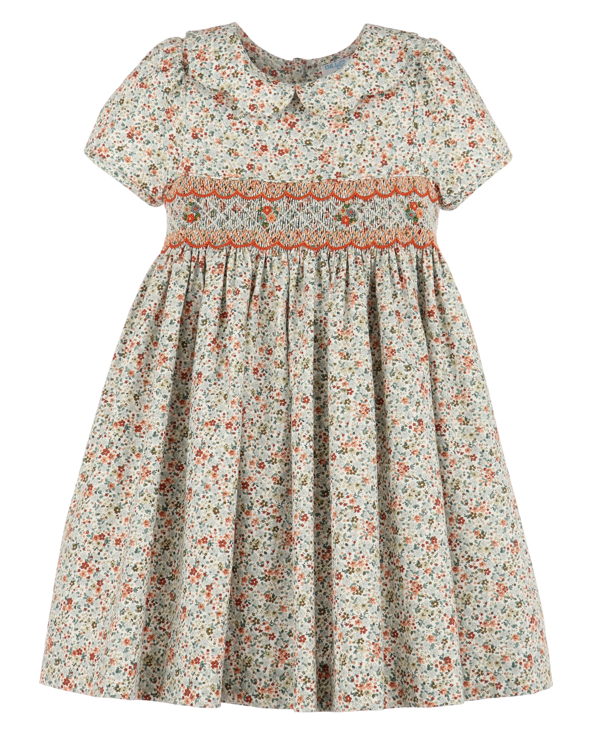 Luli & Me Girls Green / Orange Autumn Glow Floral Smocked Dress - Scallop Collar 4 Luli & Me Girls Green / Orange Autumn Glow Floral Smocked Dress - Scallop Collar 4