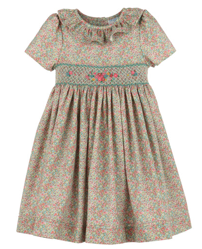 Luli & Me Girls Sugarplum Bouquet Floral Smocked Dress - Ruffle Collar
