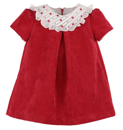 Luli & Me Girls Red Cord Dress - Fancy Embroidered Collar