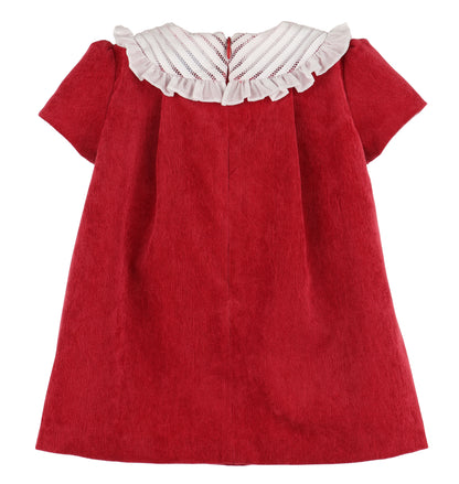 Luli & Me Girls Red Cord Dress - Fancy Embroidered Collar