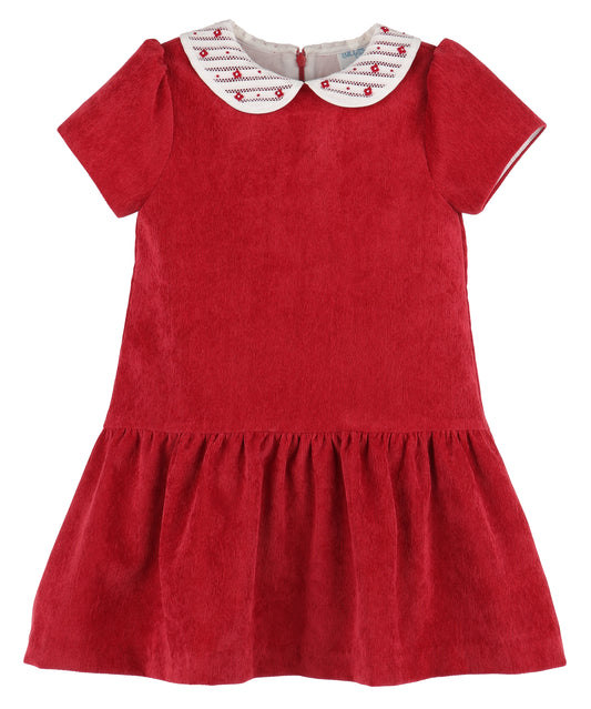 Luli & Me Girls Red Cord Drop Waist Dress - Embroidered Collar