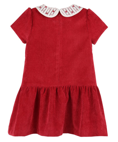 Luli & Me Girls Red Cord Drop Waist Dress - Embroidered Collar