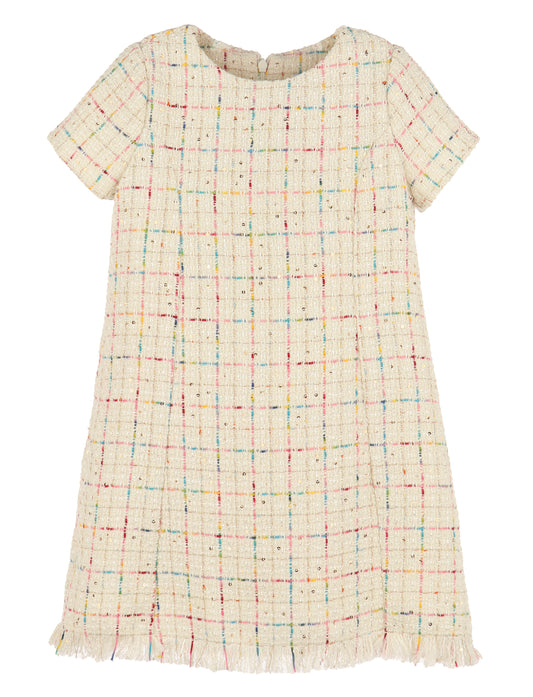 Luli & Me Girls Ivory Rainbow Tweed Princess Dress - Fringe Hem by Luli & Me