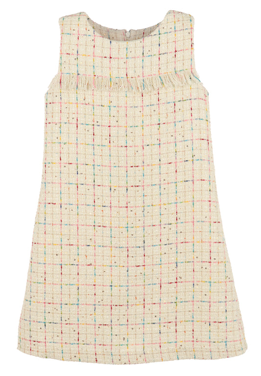 Luli & Me Girls Ivory Rainbow Tweed Sleeveless Dress - Fringe Trim by Luli & Me