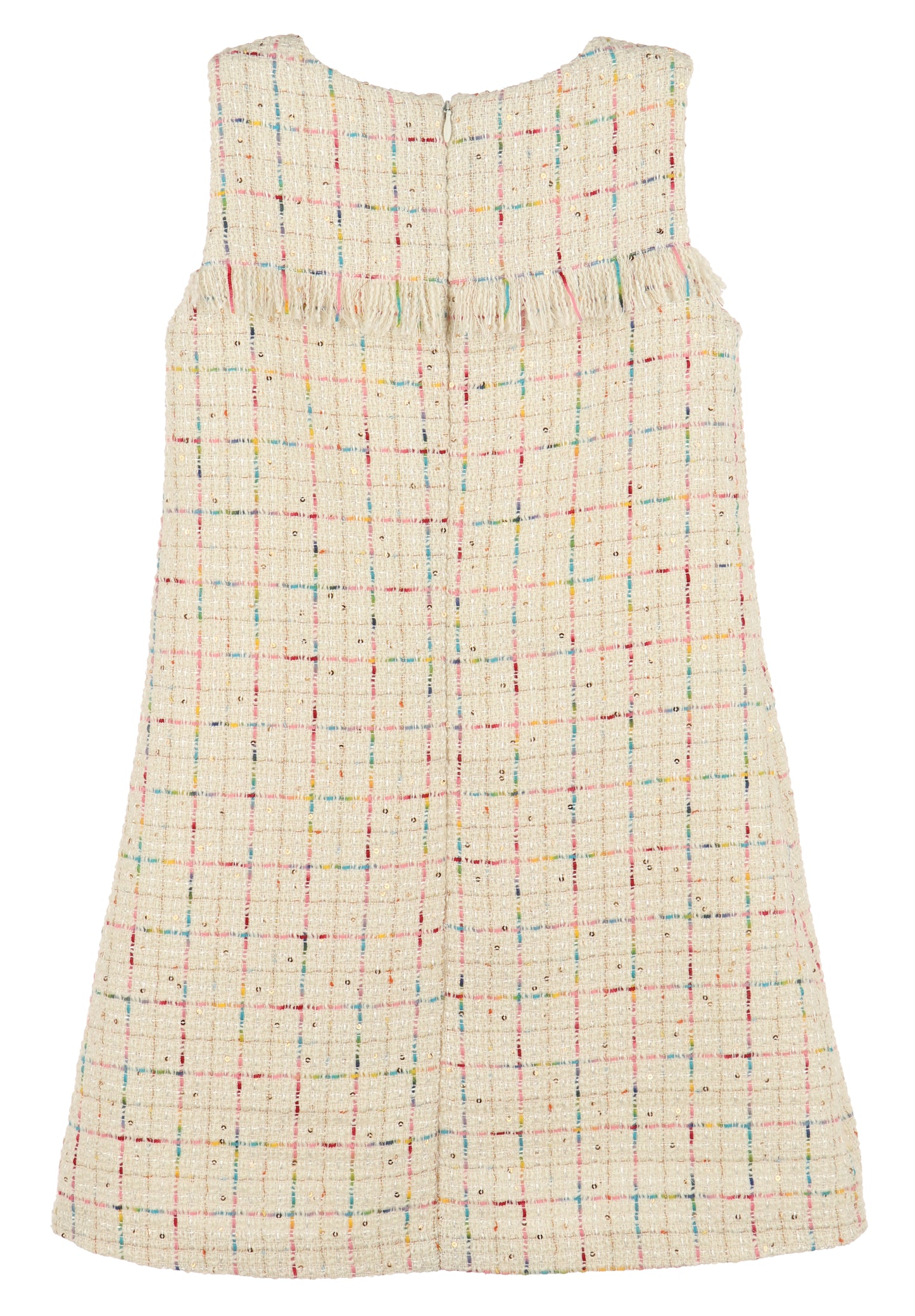 Luli & Me Girls Ivory Rainbow Tweed Sleeveless Dress - Fringe Trim