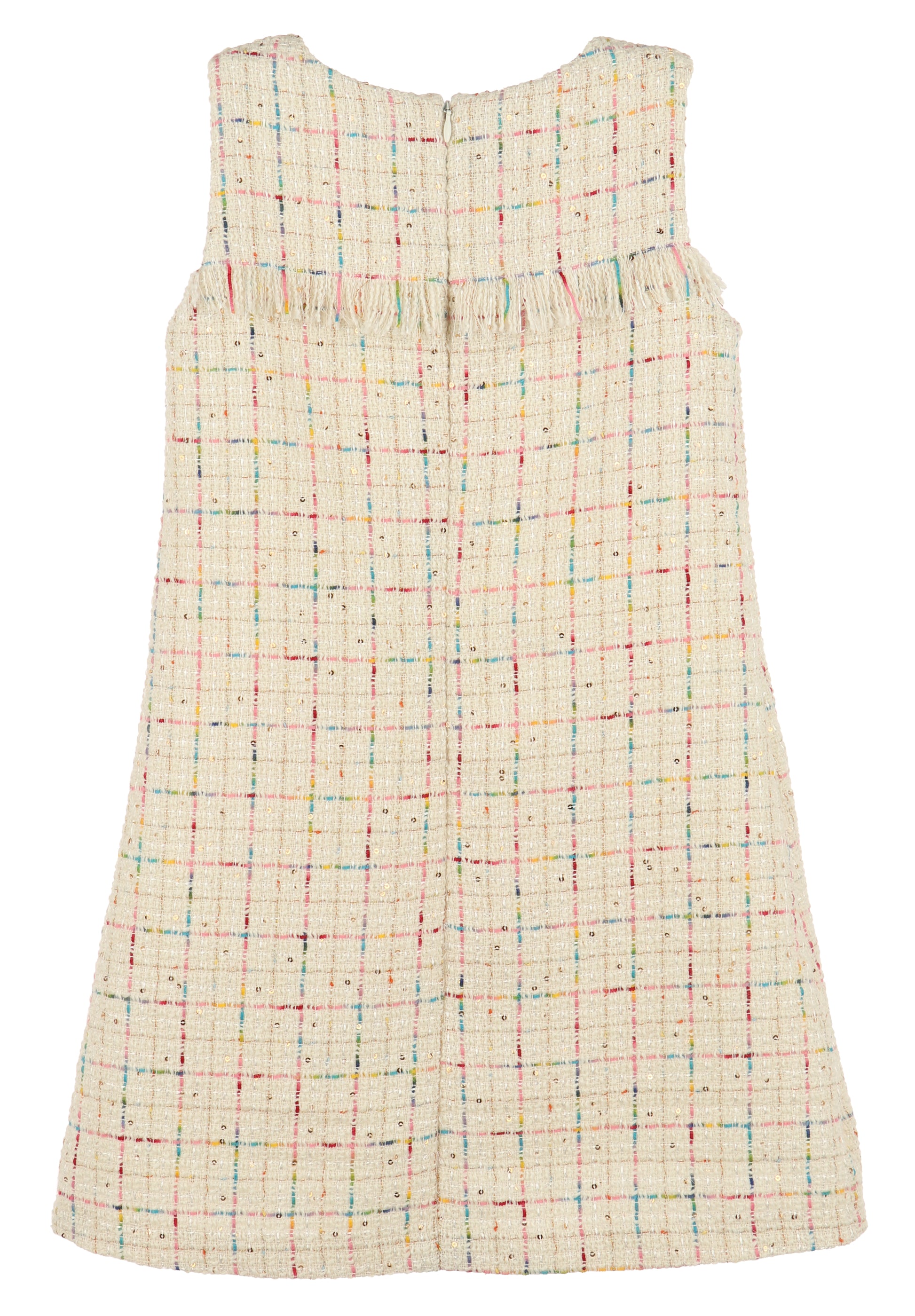 Luli & Me Girls Ivory Rainbow Tweed Sleeveless Dress - Fringe Trim
