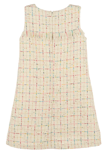 Luli & Me Girls Ivory Rainbow Tweed Sleeveless Dress - Fringe Trim