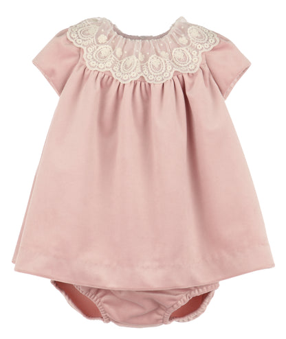 Luli & Me Girls Deluxe Velvet Float Dress - Lace Collar - Rose Pink