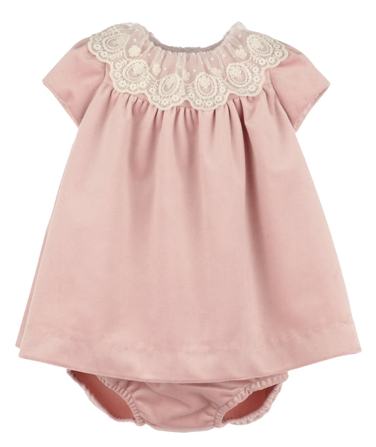 Luli & Me Girls Deluxe Velvet Float Dress - Lace Collar - Rose Pink by Luli & Me