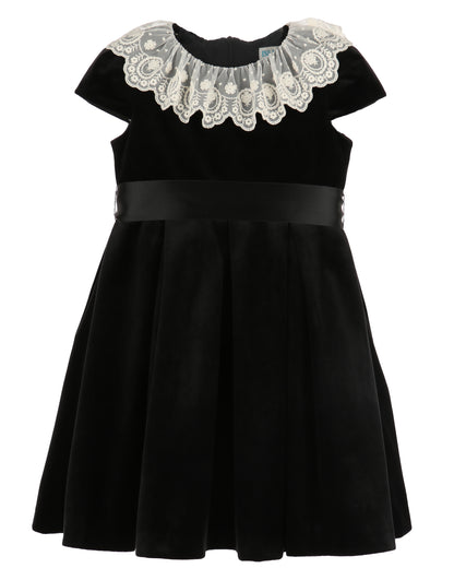 Luli & Me Girls Deluxe Velvet Holiday Party Dress - Lace Collar - Ribbon Sash - Black