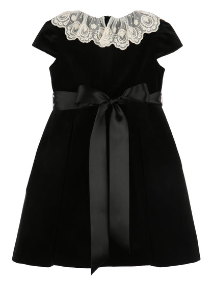Luli & Me Girls Deluxe Velvet Holiday Party Dress - Lace Collar - Ribbon Sash - Black