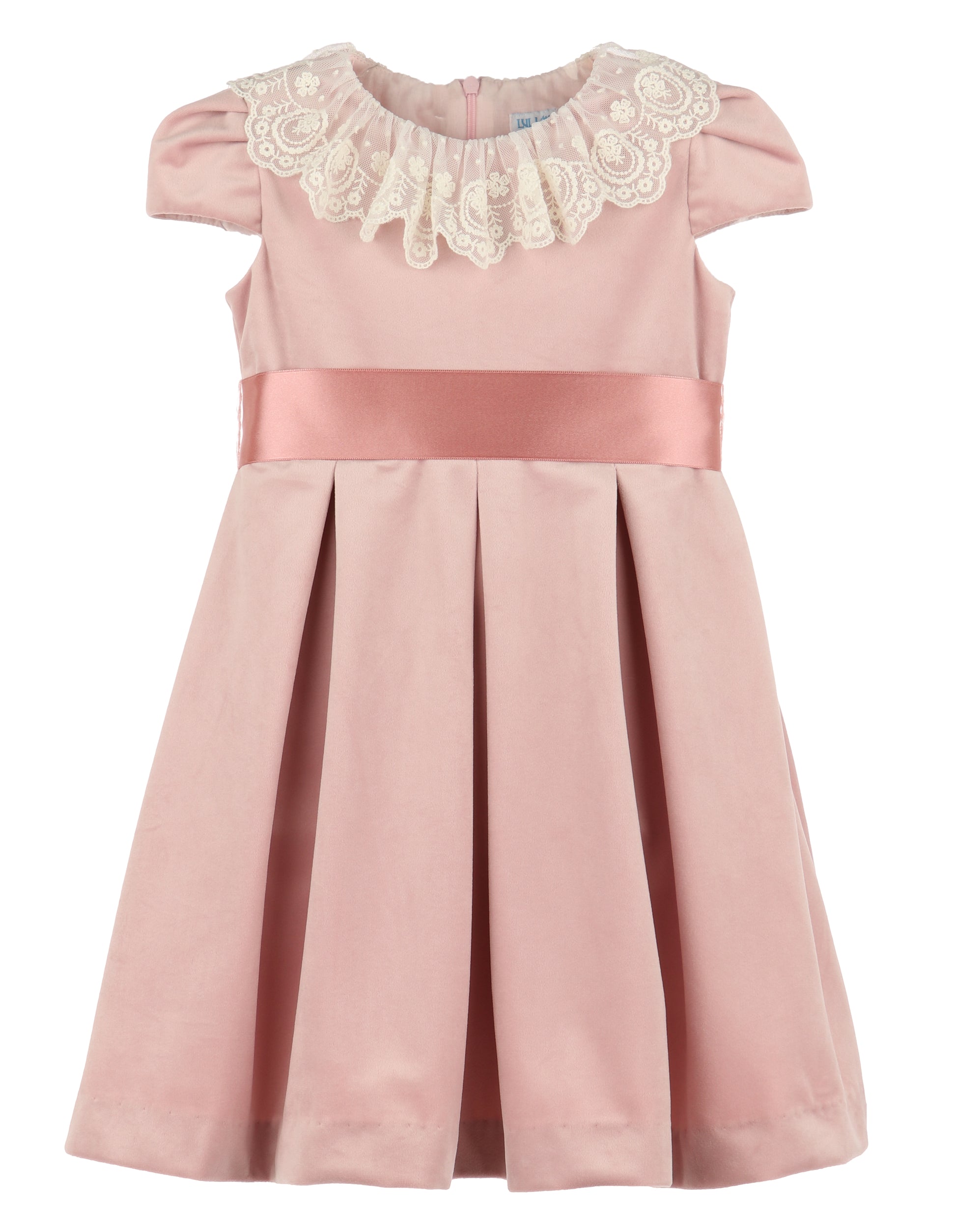 Luli & Me Girls Deluxe Velvet Party Dress - Lace Collar - Ribbon Sash - Rose Pink