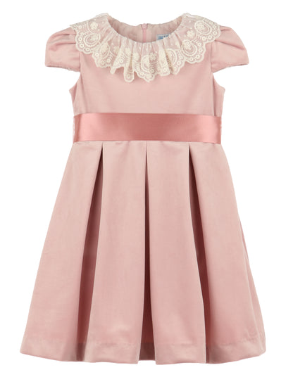 Luli & Me Girls Deluxe Velvet Party Dress - Lace Collar - Ribbon Sash - Rose Pink