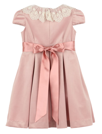 Luli & Me Girls Deluxe Velvet Party Dress - Lace Collar - Ribbon Sash - Rose Pink