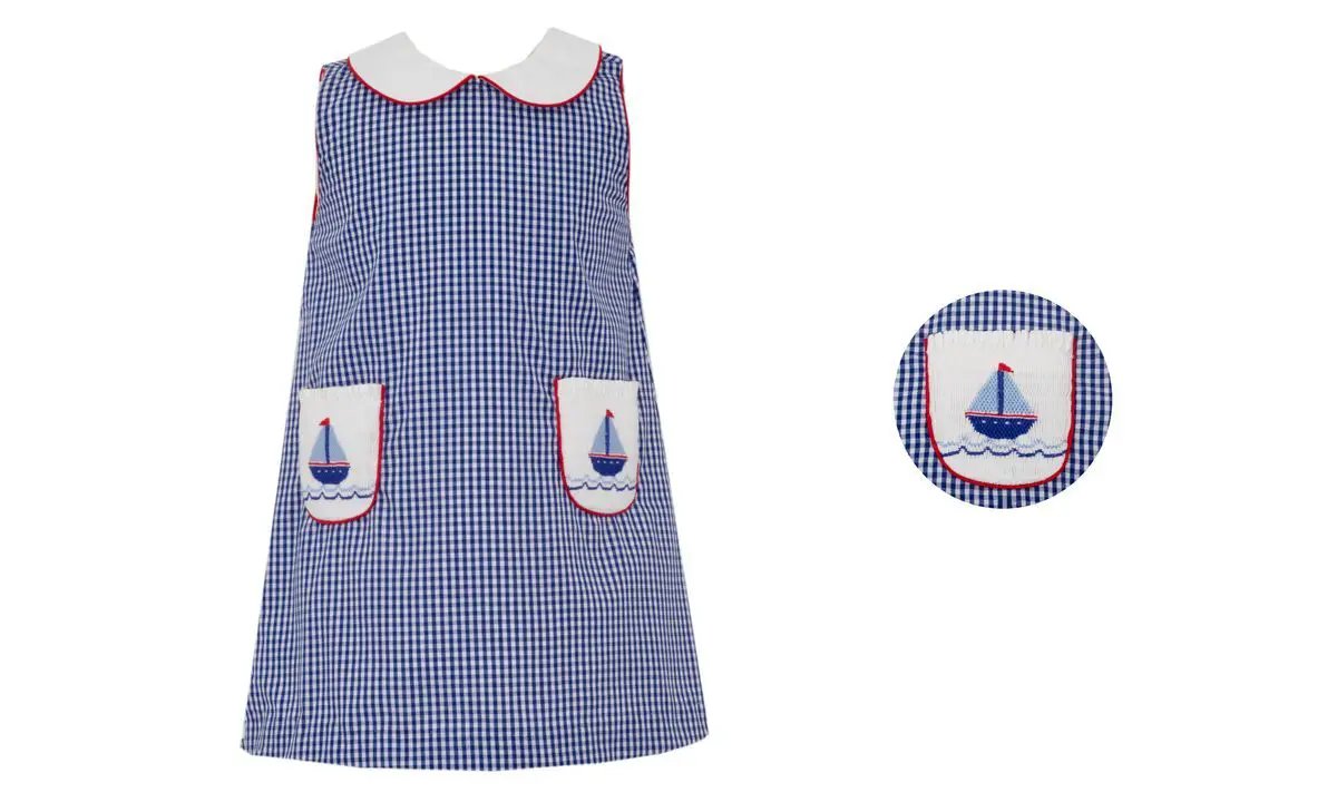 Anavini Girls Navy Blue Gingham Sailboats Sundress with Pockets by Anavini