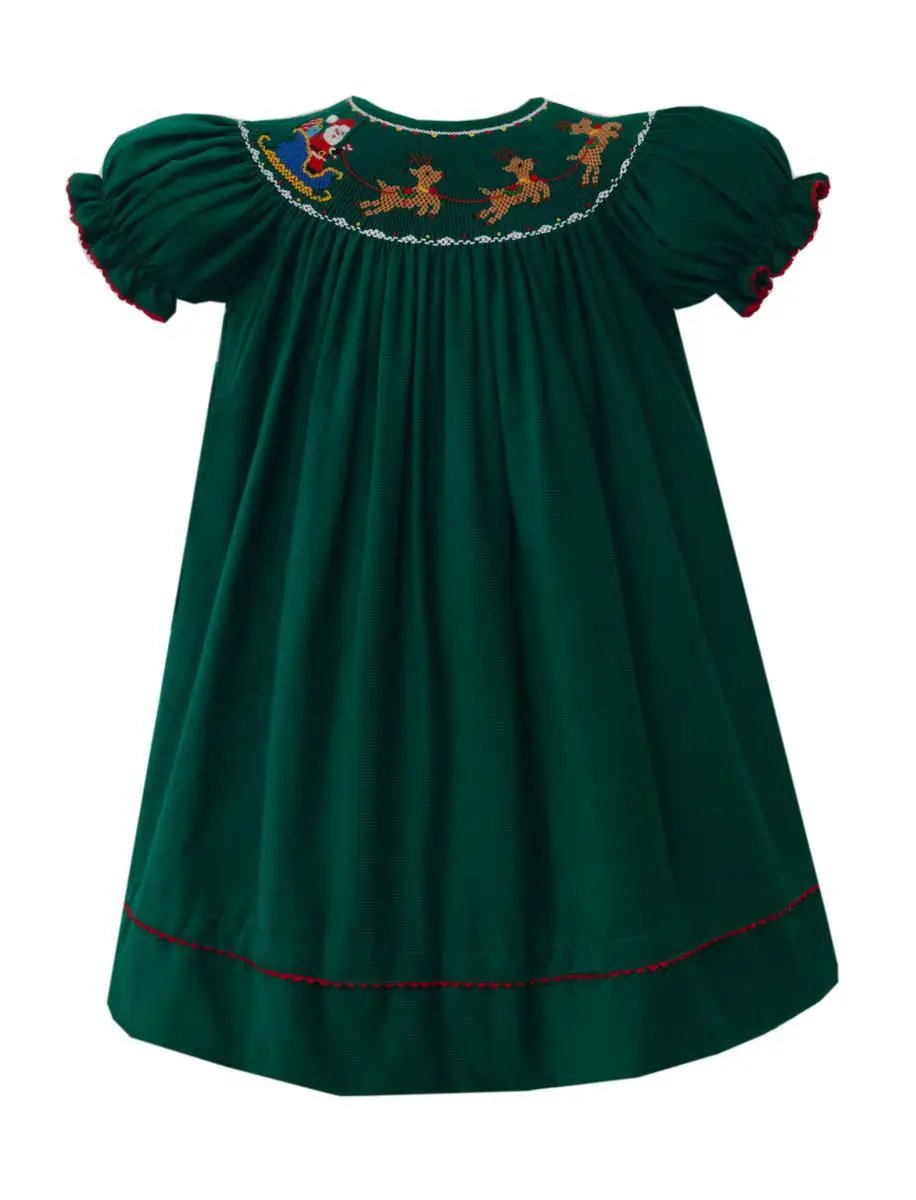 Anavini Girls Green Corduroy Santa Sleigh Short Sleeve Bishop Dress by Anavini