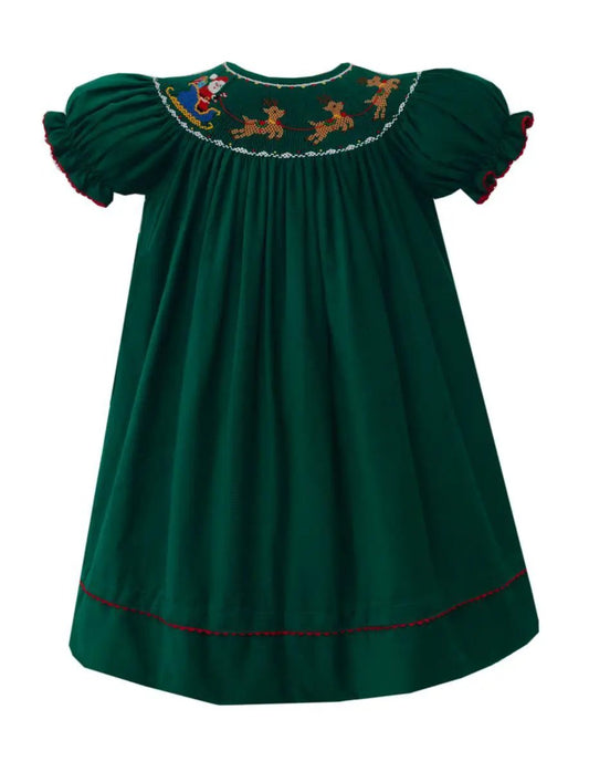 Anavini Girls Green Corduroy Santa Sleigh Short Sleeve Bishop Dress by Anavini