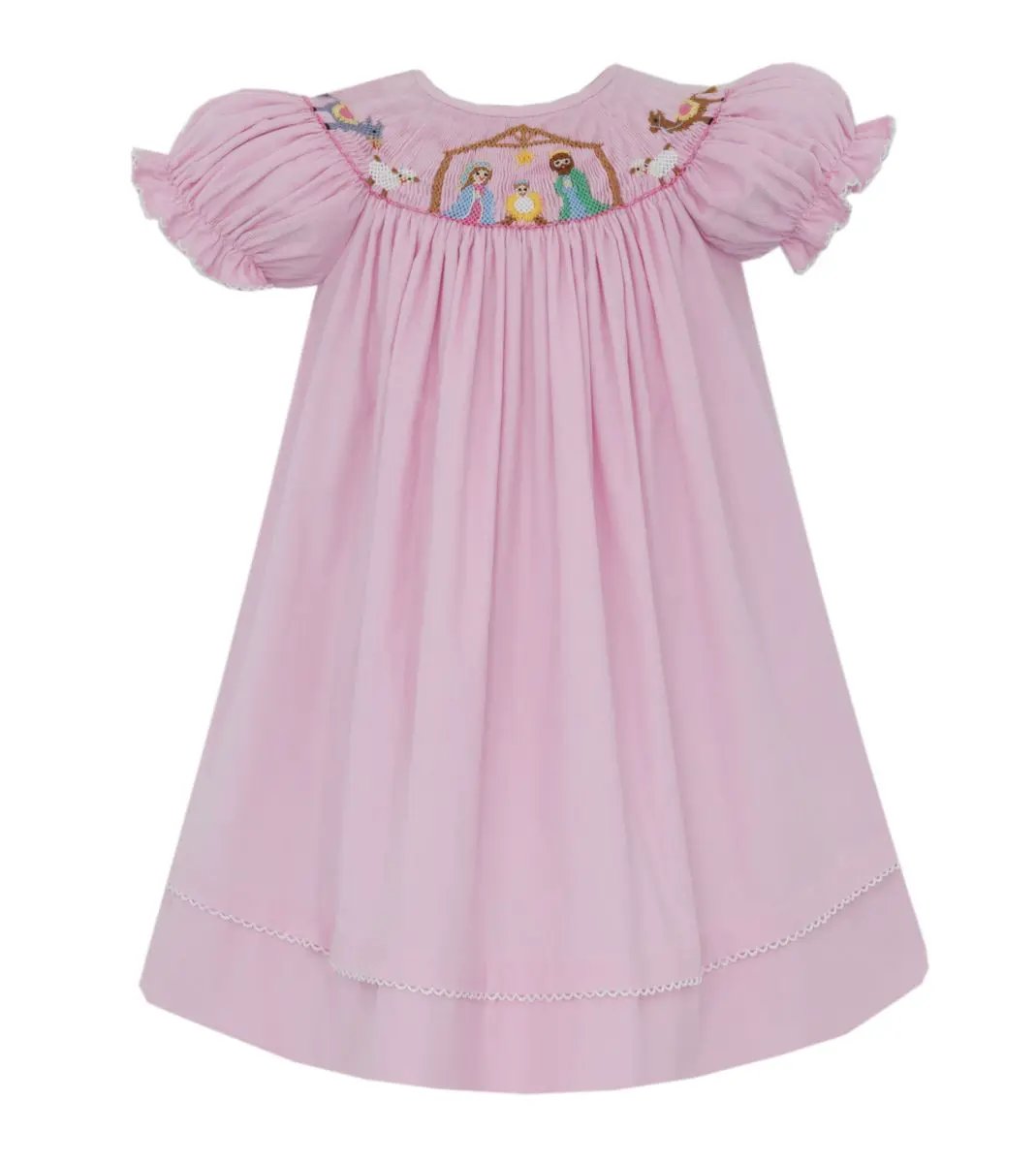 Anavini Girls Pink Corduroy Smocked Nativity Bishop Dress