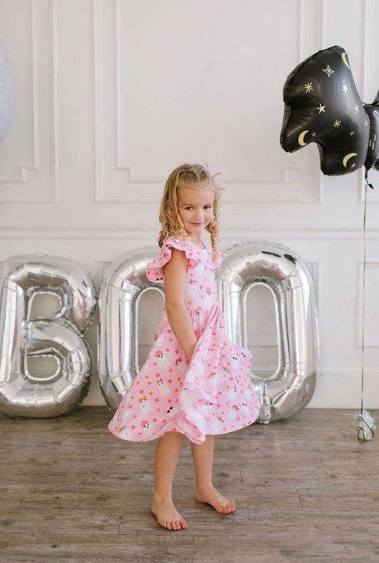 Ollie Jay Girls Olivia Twirl Dress - Pink Halloween Ghosts by Ollie Jay