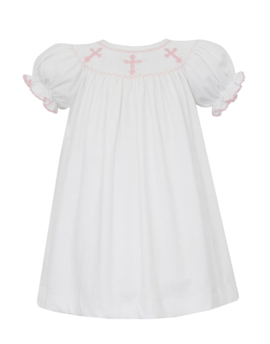 Petit Bebe Knits Girls White Knit Bishop Dress with Pink Crosses by Petit Bebe