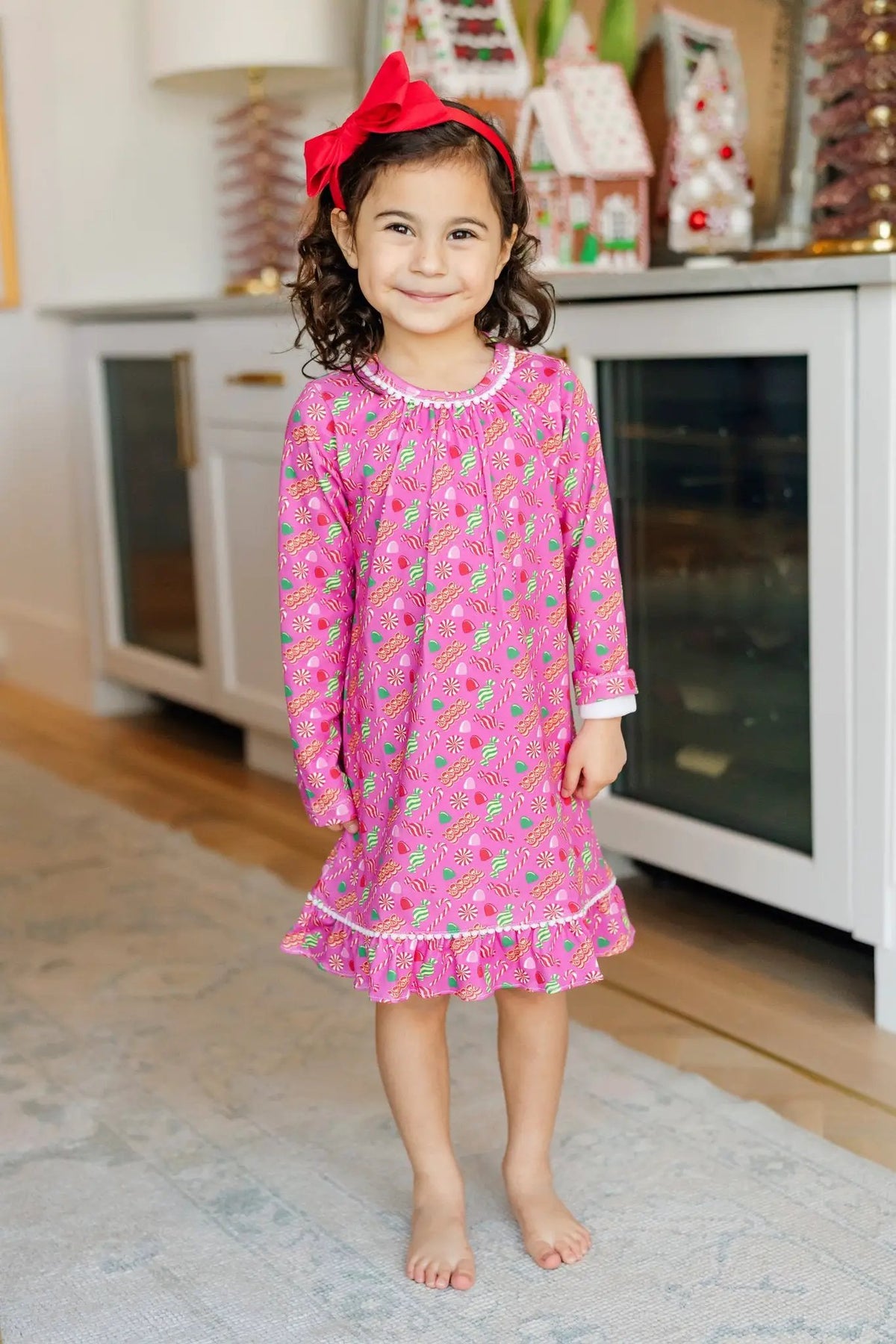 Lila & Hayes Girls Carlin Night Dress - Christmas Candy - Pink