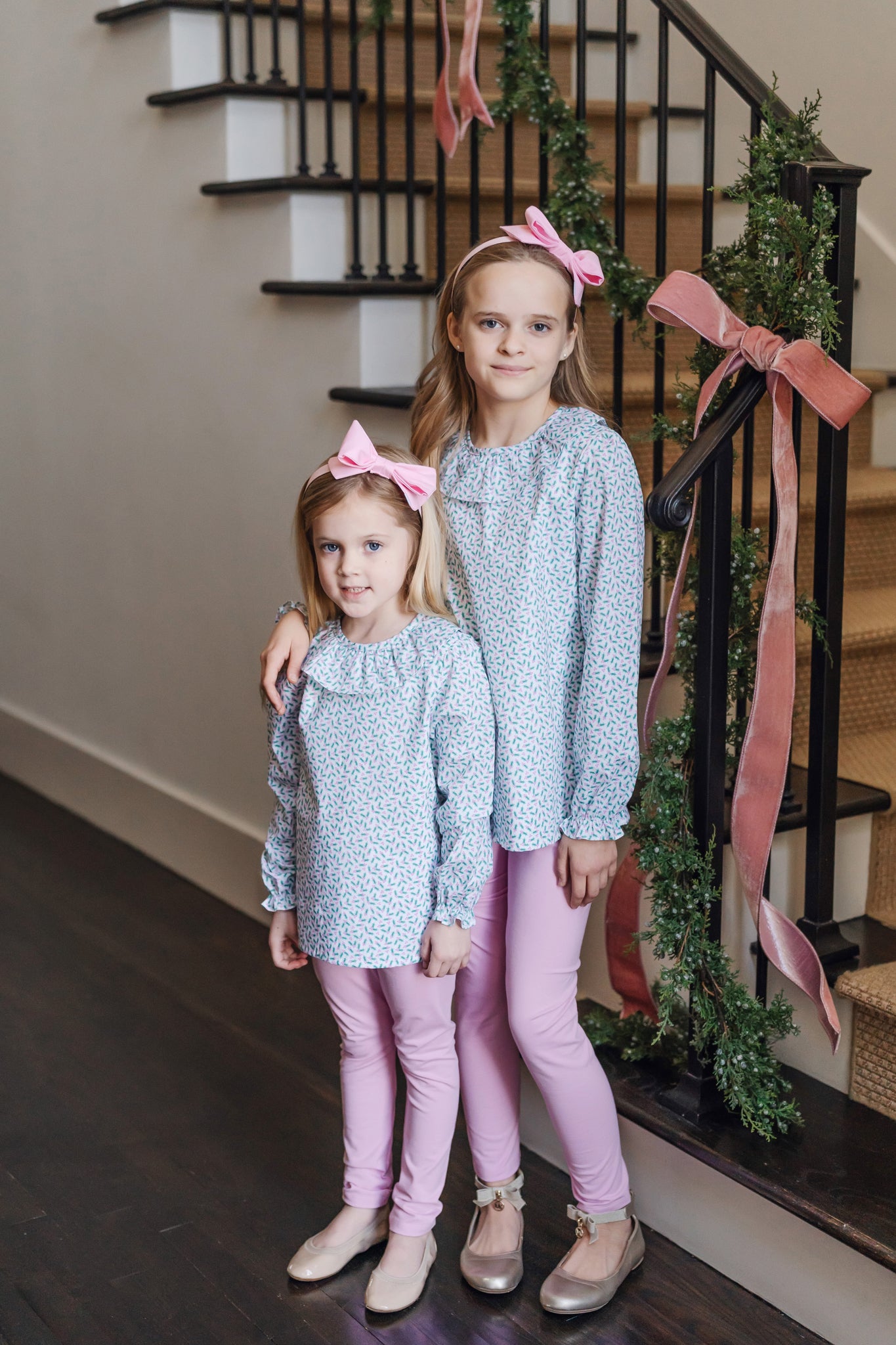 Lila & Hayes Girls Emma Pink Leggings Set - Green Holly Holiday Top by Lila & Hayes