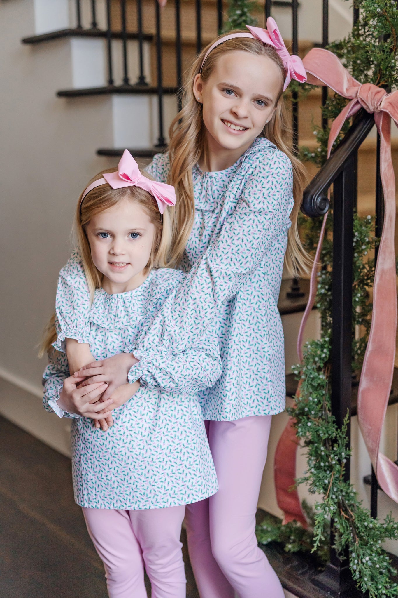 Lila & Hayes Girls Emma Pink Leggings Set - Green Holly Holiday Top by Lila & Hayes