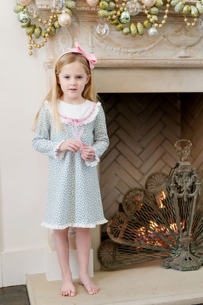 Lila & Hayes Girls Emersyn Dress - Green Holly Holiday with Pink Ribbon Trim by Lila & Hayes