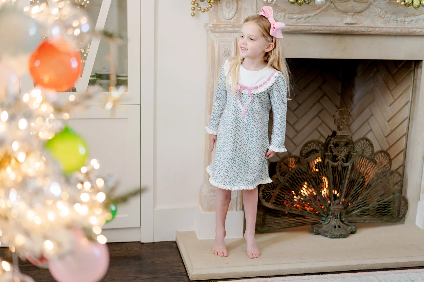 Lila & Hayes Girls Emersyn Dress - Green Holly Holiday with Pink Ribbon Trim by Lila & Hayes