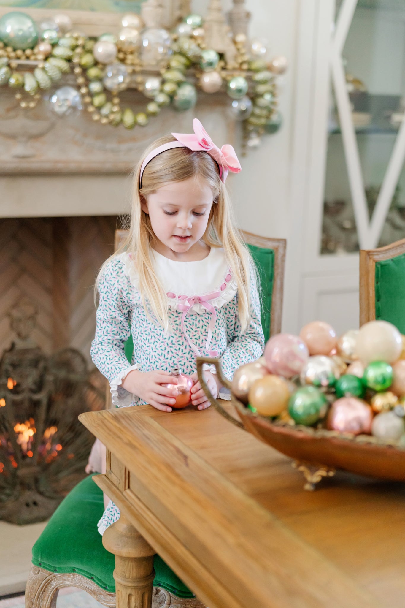 Lila & Hayes Girls Emersyn Dress - Green Holly Holiday with Pink Ribbon Trim