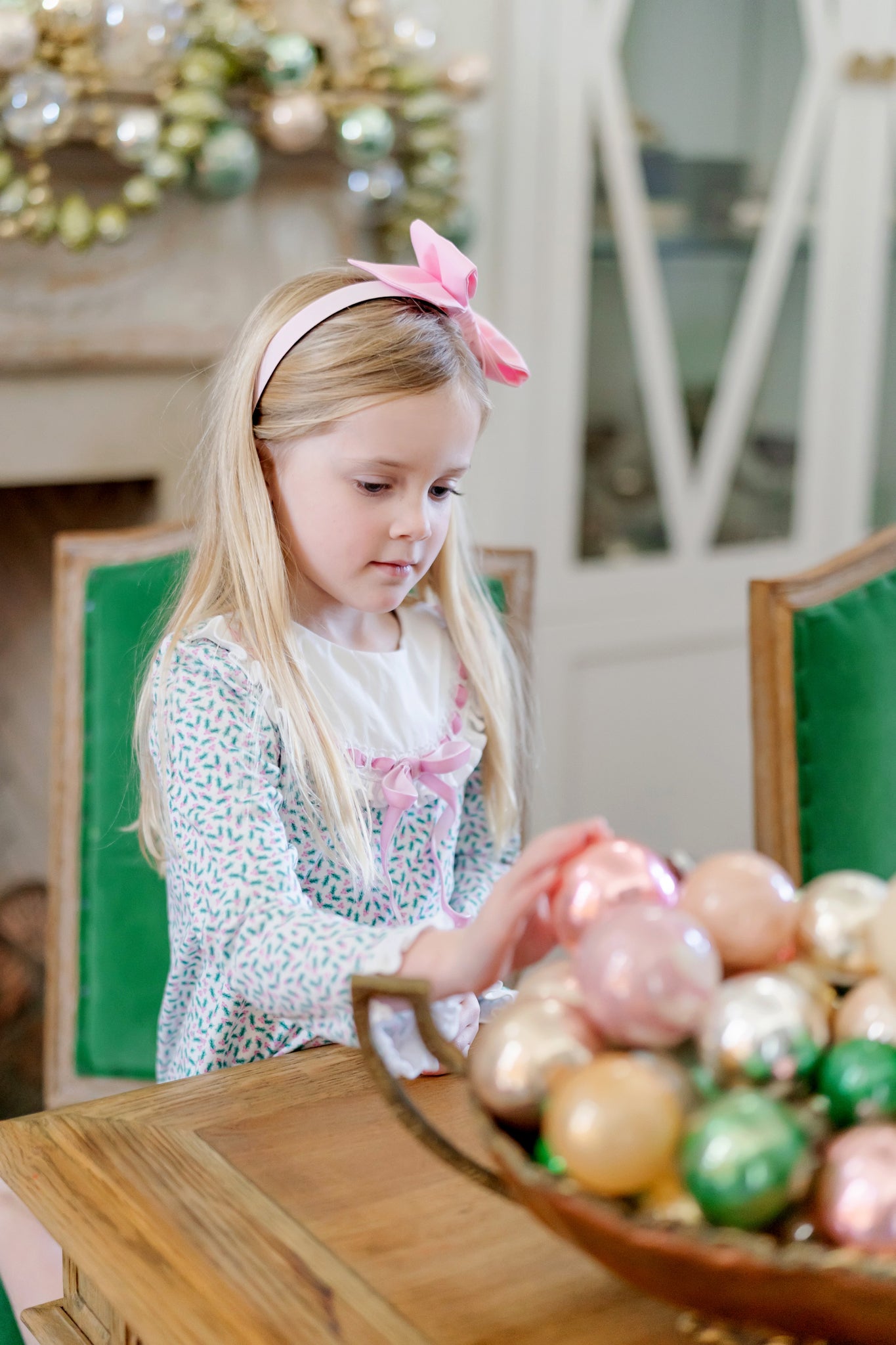Lila & Hayes Girls Emersyn Dress - Green Holly Holiday with Pink Ribbon Trim