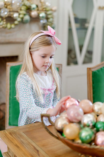 Lila & Hayes Girls Emersyn Dress - Green Holly Holiday with Pink Ribbon Trim by Lila & Hayes