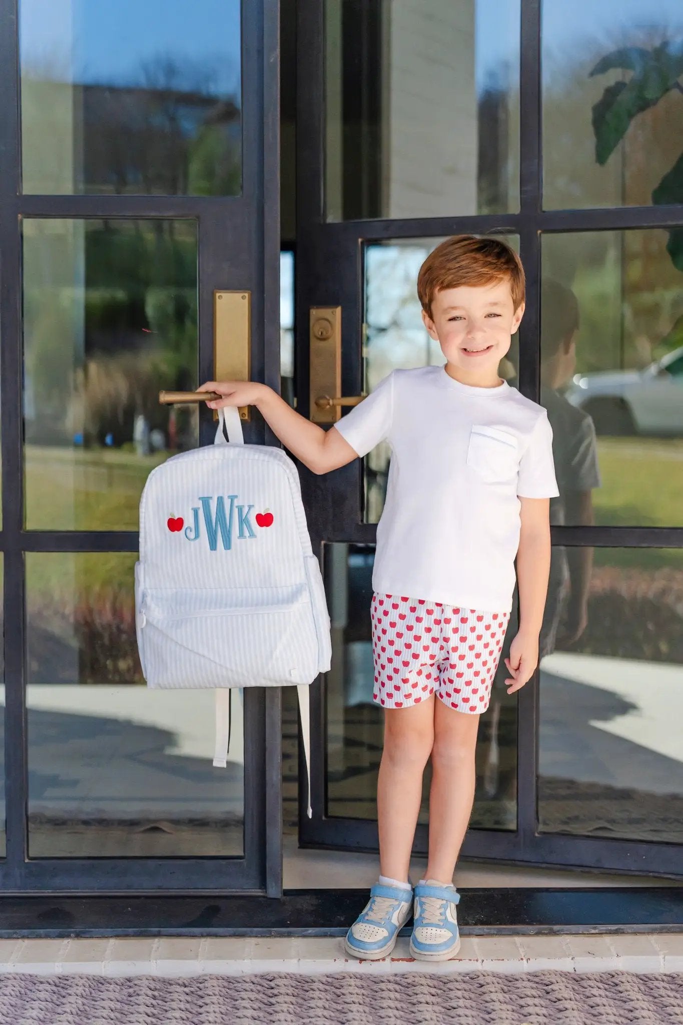 Lila & Hayes Boys Walker Shorts Set - Blue with Red Schoolhouse Apples