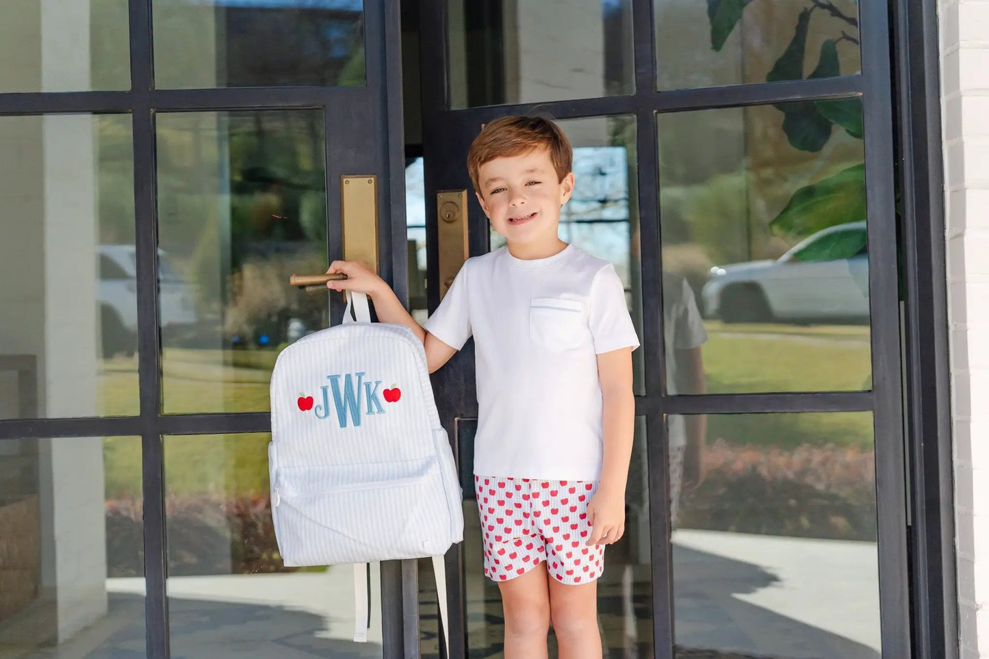 Lila & Hayes Boys Walker Shorts Set - Blue with Red Schoolhouse Apples