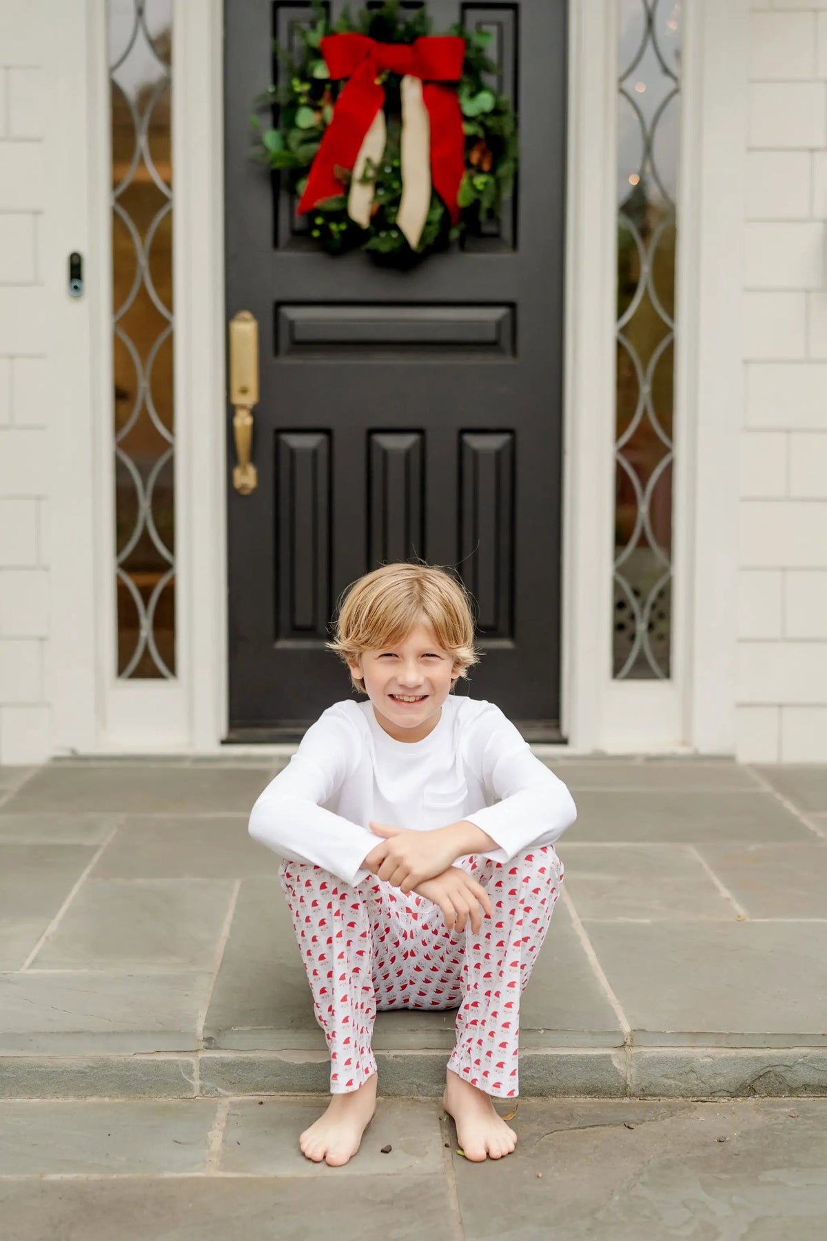 Lila & Hayes Boys Beckett Hang Out Pants - Red Whimsical Santa