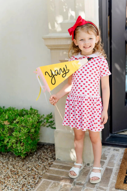 Lila & Hayes Girls Libby Dress - Pink with Red Schoolhouse Apples